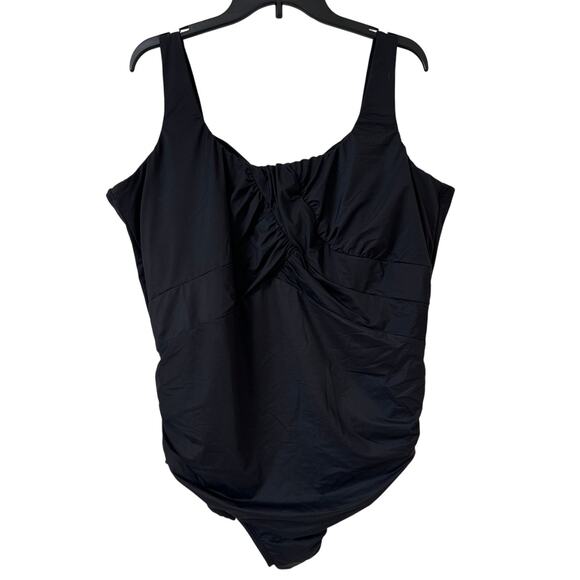 Lands' End 24W Black One Piece Swim Suit, Ruched Sides, Crisscross Front & Back - Picture 1 of 12